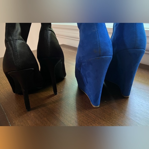 Black satin pull on booties and blue platform heel booties - Picture 2 of 3